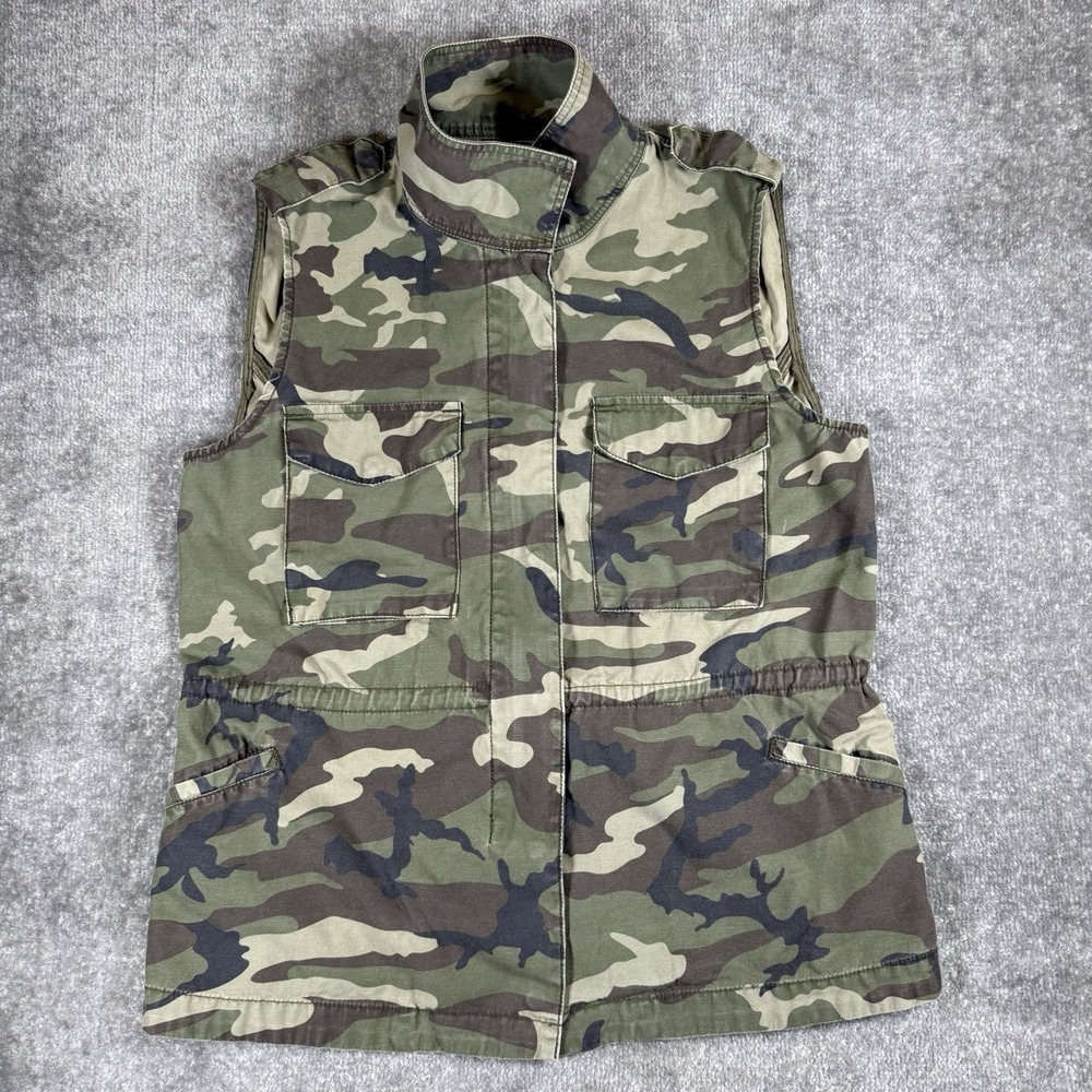 Blue Rain Vest Women's Large Green Camo Utility Full Zip Cinch Waist
